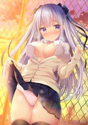 Rule 34 | 1girl, black bow, black skirt, black thighhighs, blush, bow, breasts, brown cardigan, cardigan, chain-link fence, cleavage, closed mouth, clothes lift, collared shirt, commentary request, dress shirt, fence, fingernails, hair bow, large breasts, lifted by self, long hair, long sleeves, nose blush, open clothes, open shirt, original, outdoors, panties, pinching sleeves, pink panties, pleated skirt, purple eyes, purple hair, school uniform, shibainu niki, shirt, skirt, skirt lift, sleeves past wrists, smile, solo, sunset, thighhighs, two side up, underwear, very long hair, white shirt