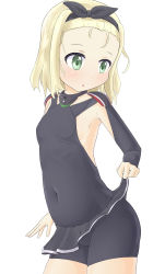 Rule 34 | 1girl, absurdres, armpits, bad id, bad pixiv id, bike shorts, black hairband, black skirt, blonde hair, blush, breasts, collarbone, commentary request, covered navel, cowboy shot, green eyes, hairband, highres, kantai collection, looking to the side, luigi torelli (kancolle), medium hair, microskirt, open mouth, pleated skirt, shiny skin, simple background, skin tight, skindentation, skirt, skirt hold, small breasts, solo, spectra, swimsuit, uit-25 (kancolle), white background
