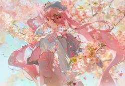 Rule 34 | 1girl, bag, cherry blossoms, cherry hair ornament, commentary, cowboy shot, falling petals, food-themed hair ornament, from side, grey hat, grey jacket, hair ornament, hand to own mouth, hand up, handbag, hat, hatsune miku, highres, holding, holding bag, jacket, kirrrara, long hair, long sleeves, looking at viewer, official alternate costume, outdoors, petals, pink eyes, pink hair, pink skirt, plaid, plaid jacket, pleated skirt, sakura miku, sakura miku (rella), shirt, skirt, solo, symbol-only commentary, tree, twintails, very long hair, vocaloid, white shirt