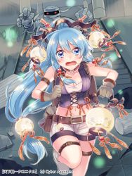 Rule 34 | 1girl, arm belt, backpack, bag, belt, belt pouch, blue eyes, blue hair, breasts, cleavage, copyright notice, crying, gloves, grey gloves, hair ornament, headpiece, lantern, leg belt, long hair, medium breasts, midriff, mummy, navel, official art, open mouth, paper lantern, pouch, red eyes, ruins, running, shina shina, shorts, solo focus, stairs, tenka touitsu chronicle, thigh strap, very long hair