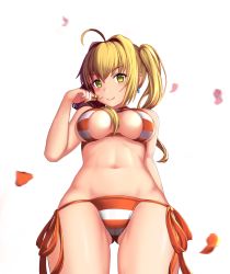 Rule 34 | 10s, 1girl, ahoge, bikini, blonde hair, breasts, cameltoe, cementite, cowboy shot, criss-cross halter, earrings, fate/extra, fate/extra ccc, fate/grand order, fate (series), from below, gluteal fold, green eyes, hair intakes, twirling hair, halterneck, highres, jewelry, large breasts, long hair, looking at viewer, navel, nero claudius (fate), nero claudius (fate) (all), nero claudius (swimsuit caster) (fate), petals, side-tie bikini bottom, smile, solo, striped bikini, striped clothes, swimsuit, twintails