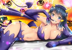 Rule 34 | 1girl, armpits, bare shoulders, bikini, black hair, blush, breasts, cleavage, clothing cutout, collarbone, creatures (company), crotch cutout, dawn (pokemon), demon girl, demon horns, demon tail, demon wings, elbow gloves, game freak, gloves, grin, hairband, halloween, halloween costume, heart, heart cutout, horns, jack-o&#039;-lantern, large breasts, long hair, lying, navel, nintendo, on side, pokemon, pokemon dppt, pubic cutout, purple bikini, purple eyes, purple gloves, purple thighhighs, smile, solo, stomach, swimsuit, tail, takecha, thighhighs, wings