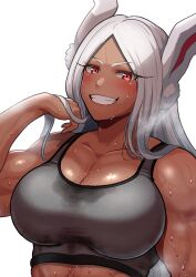 Rule 34 | 1girl, :d, adjusting hair, animal ears, bare shoulders, blush, boku no hero academia, breasts, cleavage, collarbone, dark-skinned female, dark skin, grey sports bra, hand in own hair, hand up, harurukan, highres, large breasts, long eyelashes, long hair, looking at viewer, mirko, muscular, muscular female, open mouth, parted bangs, rabbit ears, rabbit girl, red eyes, smile, solo, sports bra, steaming body, sweat, sweaty clothes, teeth, upper body, veins, veiny arms, white background, white hair