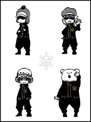 Rule 34 | 4boys, bear, bepo, cabbie hat, chibi, coveralls, earflap hat, full body, fuzzy hat, hat, hat pompom, heart pirates, jolly roger, jumpsuit, male focus, monochrome, multiple boys, one piece, penguin (one piece), pirate, shachi (one piece), standing, sunglasses, trafalgar law