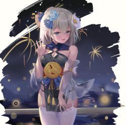 Rule 34 | 1girl, absurdres, bare shoulders, barefoot, black panties, blue eyes, blue flower, breasts, chinese clothes, cleavage, fireworks, flower, hair between eyes, hair flower, hair ornament, highres, honkai (series), honkai impact 3rd, looking at viewer, night, night sky, open mouth, panties, see-through, see-through sleeves, sky, small breasts, solo, theresa apocalypse, zhuge kongming (honkai impact), thighhighs, tongue, underwear, v, white flower, white hair, white thighhighs, zettai ryouiki, zhongwu chahui, zhuge kongming (honkai impact)
