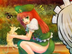 Rule 34 | 2girls, ^^^, animal, bad id, bad pixiv id, bare legs, beret, blunt bangs, bow, braid, bush, cat, chinese clothes, embodiment of scarlet devil, female focus, green eyes, hair bow, hat, holding, holding animal, hong meiling, izayoi sakuya, long hair, maid headdress, multiple girls, open mouth, outdoors, puffy short sleeves, puffy sleeves, red hair, short sleeves, side slit, silver hair, star (symbol), tangzhuang, touhou, twin braids