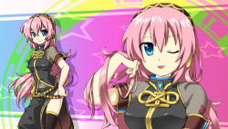 Rule 34 | 1girl, :p, ;p, adjusting hair, aisora, armband, belt, blue eyes, blue gemstone, breasts, brooch, covered navel, female focus, gem, hair between eyes, headphones, jewelry, large breasts, long hair, long skirt, looking at viewer, megurine luka, multiple belts, multiple views, one eye closed, pink hair, see-through, side slit, skirt, smile, solo, standing, star (symbol), tattoo, thighhighs, tongue, tongue out, upper body, vocaloid, wink
