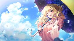 Rule 34 | 1girl, 1other, blonde hair, blue sky, blush, ciawasemono, cloud, commentary request, gradient hair, highres, holding, holding umbrella, long sleeves, looking at viewer, multicolored hair, open mouth, outdoors, outstretched hand, pink eyes, pink hair, pink sweater, project sekai, sidelocks, sky, smile, solo, star (sky), starry sky, sweater, teeth, tenma saki, twintails, umbrella, upper body, upper teeth only, water drop