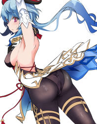 Rule 34 | 1girl, absurdres, arm up, armpits, ass, back, backless outfit, bell, black gloves, black legwear, black leotard, blue hair, blush, bodystocking, bodysuit, bow, breasts, detached sleeves, from behind, ganyu (genshin impact), genshin impact, gloves, gold trim, highres, horns, leotard, leotard under clothes, long hair, looking at viewer, looking back, low ponytail, medium breasts, neck bell, purple eyes, sideboob, solo, standing, suisui (hakkindou), sweatdrop, tassel, thighlet, vision (genshin impact), waist cape, white background, white sleeves