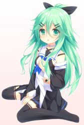 Rule 34 | 10s, 1girl, bad id, bad pixiv id, between legs, black ribbon, black skirt, black thighhighs, blue neckerchief, blush, breasts, collar, detached sleeves, from side, full body, gradient background, green eyes, green hair, hair between eyes, hair ornament, hair ribbon, hairclip, hand between legs, highres, kantai collection, long hair, looking at viewer, minatsuki kou, neckerchief, no shoes, parted lips, pink background, pleated skirt, ponytail, ribbon, school uniform, serafuku, simple background, sitting, skirt, small breasts, solo, thighhighs, wariza, wide sleeves, yamakaze (kancolle)