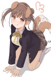Rule 34 | 1girl, :q, all fours, animal ears, brown hair, brown skirt, commentary request, dog ears, double bun, eyelashes, fake animal ears, frilled skirt, frills, full body, hair bun, heart, highres, idolmaster, idolmaster shiny colors, looking at viewer, paw print, ribbon, school uniform, shadow, short twintails, sidelocks, simple background, skirt, socks, solo, sonoda chiyoko, tail, tail wagging, tongue, tongue out, twintails, white background, white socks, yellow eyes, yellow ribbon, yui081