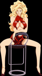Rule 34 | 1990s (style), 1girl, absurdres, bar seat, bar stool, black background, blonde hair, breasts, brown eyes, center opening, cleavage, covered erect nipples, crotch, dress, formal, golden boy, halterneck, high heels, highres, kawamoto toshihiro, large breasts, long hair, looking at viewer, midriff, nail polish, no bra, onna shachou, retro artstyle, simple background, sitting, smirk, solo, spread legs, stool, suit, tight clothes, underboob, vector trace, wavy hair, zipper