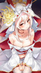 Rule 34 | 1girl, animal print, ayanami (azur lane), ayanami (demon&#039;s finest dress) (azur lane), azur lane, bare shoulders, bird print, black background, blush, bow, breasts, bridal veil, brown background, choker, cleavage, collarbone, commentary, eyeshadow, flower, from above, gradient background, hair between eyes, highres, japanese clothes, kimono, light particles, long hair, long sleeves, looking at viewer, makeup, medium breasts, midriff, mirei, navel, off shoulder, red choker, red eyes, silver hair, sitting, skirt, skirt set, smile, solo, stomach, thighhighs, thighs, veil, white bow, white kimono, white skirt, white thighhighs, wide sleeves, yellow flower