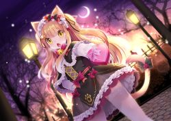 Rule 34 | 1girl, animal ears, bad id, bad pixiv id, black capelet, black shirt, black skirt, blonde hair, blurry, blurry background, blush, bow, box, capelet, cat ears, cat girl, cat tail, commentary, crescent moon, depth of field, dutch angle, fang, frilled capelet, frilled hairband, frills, gift, hairband, hand on own hip, heart-shaped box, highres, holding, holding gift, lamppost, light brown hair, long hair, looking at viewer, moon, mvv, night, night sky, open mouth, original, outdoors, pink bow, shirt, skirt, sky, solo, standing, standing on one leg, star (sky), starry sky, tail, thighhighs, very long hair, white thighhighs, yellow eyes