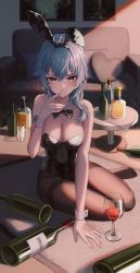 Rule 34 | 1girl, alcohol, animal ears, aqua hair, asymmetrical hair, bare arms, bare shoulders, black bow, black bowtie, black leotard, blush, bottle, bow, bowtie, breasts, brown pantyhose, cleavage, closed mouth, couch, cup, cushion, detached collar, drink, drinking glass, eonyan (chaeyang), eula (genshin impact), fake animal ears, finger to mouth, genshin impact, highres, index finger raised, indoors, leotard, looking at viewer, medium breasts, medium hair, no shoes, on floor, pantyhose, playboy bunny, rabbit ears, sidelocks, sitting, solo, strapless, strapless leotard, table, thighband pantyhose, white wrist cuffs, wine, wine bottle, wine glass, wrist cuffs, yellow eyes