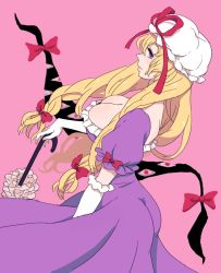 Rule 34 | 1girl, blonde hair, bow, breasts, cleavage, dress, elbow gloves, frills, gap (touhou), gloves, hair ribbon, hat, hat ribbon, jean (jean sp), large breasts, long hair, mob cap, pink background, puffy short sleeves, puffy sleeves, purple dress, purple eyes, red eyes, ribbon, short sleeves, sideways glance, solo, touhou, tress ribbon, white gloves, yakumo yukari