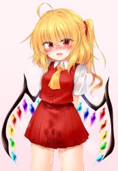 Rule 34 | 1girl, :d, aftersex, ahoge, arms behind back, ascot, blush, breasts, commentary request, cowboy shot, crystal, cum, cumdrip, fang, flandre scarlet, grey background, highres, looking at viewer, marukyuu ameya, medium breasts, medium hair, no headwear, one side up, open mouth, petite, pleated skirt, red eyes, red skirt, red vest, short sleeves, simple background, skin fang, skirt, skirt set, smile, solo, textless version, touhou, vest, wing collar, wings, yellow ascot