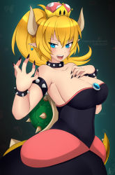 Rule 34 | 1girl, armlet, bare shoulders, black dress, blonde hair, blue eyes, blush, bowsette, bracelet, breasts, collar, comic, crown, dress, horns, jewelry, large breasts, lindaroze, mario (series), nail polish, new super mario bros. u deluxe, nintendo, ponytail, sharp teeth, spiked bracelet, spiked collar, spikes, super crown, tail, teeth, turtle shell