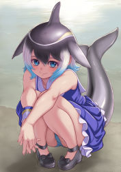 Rule 34 | 1girl, bare arms, bare shoulders, beach, black hair, blonde hair, blowhole, blue eyes, blue hair, blue panties, cetacean tail, closed mouth, collared dress, common dolphin (kemono friends), day, dolphin girl, dorsal fin, dress, fins, fish tail, frilled dress, frills, full body, hair between eyes, head fins, highres, kemono friends, knees together feet apart, kosai takayuki, looking at viewer, mary janes, medium hair, multicolored hair, outdoors, outstretched arms, own hands together, panties, sailor collar, sand, shoes, short dress, sidelocks, sleeveless, sleeveless dress, smile, solo, squatting, tail, fish tail, underwear, water, white hair
