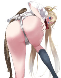 Rule 34 | 1girl, ass, ass focus, bare hips, bent over, blonde hair, blue eyes, blush, bradamante (fate), breasts, commentary request, fate/grand order, fate (series), from behind, fundoshi, groin, hand on thigh, highres, japanese clothes, large breasts, legs, legs apart, long hair, lower body, rope, shirt, short sleeves, simple background, single thighhigh, solo, sweat, tango (tn500), thighhighs, thighs, tied shirt, twintails, very long hair, waist down, white background