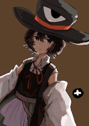 Rule 34 | 1other, absurdres, bare shoulders, black eyes, black hair, brown background, chinese commentary, collared shirt, commentary request, detached sleeves, enraku tsubakura, expressionless, green skirt, hat, highres, kyuuko (enkyuuko), len&#039;en, long sleeves, looking at viewer, neck ribbon, other focus, red ribbon, ribbon, shirt, short hair, simple background, skirt, solo, white shirt, white sleeves