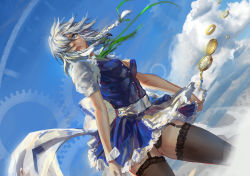 Rule 34 | 1girl, blue eyes, braid, breasts, cleavage, cloud, day, dutch angle, garter straps, gears, hair over one eye, izayoi sakuya, jiam009, lips, looking at viewer, maid, md5 mismatch, medium breasts, panties, pantyshot, resolution mismatch, silver hair, sky, solo, source larger, standing, thighhighs, touhou, twin braids, unbuttoned, underwear, watch, wrist cuffs