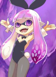 Rule 34 | 1girl, animal ears, armpits, arms up, black leotard, black pantyhose, bow, bowtie, breasts, domino mask, fake animal ears, fake tail, fangs, highres, inkling, inkling girl, inkling player character, leotard, long hair, mask, muramasa mikado, nintendo, open mouth, pantyhose, pink eyes, pink hair, playboy bunny, pointy ears, rabbit ears, rabbit tail, small breasts, smile, solo, splatoon (series), strapless, strapless leotard, suction cups, tail, tentacle hair, thighs, wrist cuffs