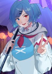 Rule 34 | 1girl, absurdres, adapted costume, blue eyes, blue hair, commentary, cross-laced clothes, hair ornament, heterochromia, highres, holding, holding umbrella, looking at viewer, open mouth, purple umbrella, red eyes, short hair, solo, symbol-only commentary, tatara kogasa, touhou, touhou gensou eclipse, umbrella, urizaku3, v, x hair ornament