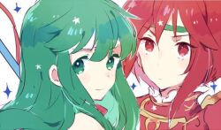 Rule 34 | 2girls, closed mouth, commentary, fire emblem, fire emblem: mystery of the emblem, green eyes, green hair, green headband, headband, long hair, looking at viewer, mbkmmm, minerva (fire emblem), multiple girls, nintendo, palla (fire emblem), red eyes, red hair, short hair, sidelocks, smile, symbol-only commentary, upper body, white headband