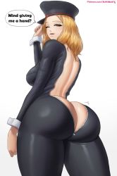 Rule 34 | 1girl, ass, boku no hero academia, breasts, brown eyes, brown hair, butt crack, english text, from behind, full-length zipper, hat, highres, huge ass, large breasts, legs, looking back, medium hair, open mouth, simple background, smile, solo, standing, superbusty, unzipped, unzipped bodysuit, utsushimi kemii, white background, zipper