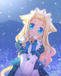 Rule 34 | 1girl, animal ear fluff, animal ears, apron, back bow, bell, blonde hair, blue bow, blue bowtie, blue dress, blue eyes, blurry, blurry background, bow, bowtie, collar, cowboy shot, dot nose, dress, head tilt, jingle bell, long hair, maid apron, original, outdoors, own hands together, puffy sleeves, scenery, shisui, signature, smile, snow, solo, tail, winter