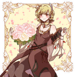 Rule 34 | 1girl, bare shoulders, blonde hair, bouquet, brown dress, choker, citrinne (fire emblem), closed mouth, detached sleeves, dress, feather hair ornament, feathers, fire emblem, fire emblem engage, flower, gem, gold choker, hair ornament, highres, holding, holding bouquet, jewelry, long dress, looking at viewer, necklace, nintendo, red eyes, shawl, short hair, smile, solo, user mmfe4722