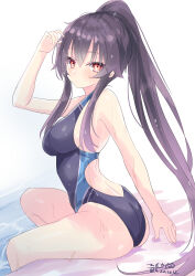 Rule 34 | 1girl, absurdres, artist name, ass, black hair, black one-piece swimsuit, commentary request, dated, highres, hizaka, kantai collection, long hair, looking at viewer, one-hour drawing challenge, one-piece swimsuit, ponytail, red eyes, sidelocks, solo, swimsuit, two-tone one-piece swimsuit, wet, wet clothes, wet swimsuit, yahagi (kancolle)