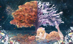 Rule 34 | 1girl, absurdres, animal, autumn, autumn leaves, blurry, blurry foreground, blush, butterfly hair ornament, closed mouth, commentary request, commission, crossed arms, danby merong, depth of field, dog, dress, falling star, flower, hair ornament, high heels, highres, huge filesize, legs up, long sleeves, looking at viewer, lying, night, night sky, on stomach, orange dress, original, red flower, reflection, shirt, shoe soles, shoes, shooting star, sky, sleeveless, sleeveless dress, sleeves past wrists, smile, solo, star (sky), star trail, starry sky, tree, water, white flower, white footwear, white shirt, winter, yellow eyes, yellow flower