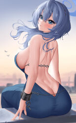 Rule 34 | 1girl, absurdres, ako (blue archive), ako (dress) (blue archive), angrycat (tkuw2438), ass, backless dress, backless outfit, blue archive, blue dress, blue eyes, blue hair, blue halo, blush, breasts, butt crack, cuffs, dress, earrings, fingernails, hair between eyes, halo, handcuffs, highres, jewelry, large breasts, long hair, open mouth, sideboob, sitting, sleeveless, sleeveless dress, solo