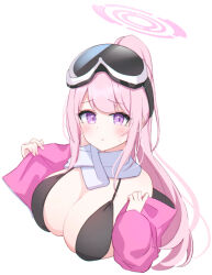 Rule 34 | 1girl, bikini, black bikini, blue archive, breasts, commentary request, eimi (blue archive), eimi (swimsuit) (blue archive), foulo paints, goggles, goggles on head, halo, highres, jacket, large breasts, long hair, looking at viewer, off shoulder, official alternate costume, pink hair, pink jacket, ponytail, pout, purple eyes, scarf, ski goggles, solo, swimsuit, white scarf
