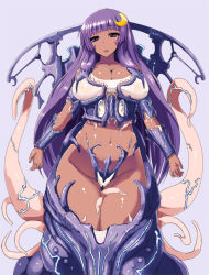 Rule 34 | 1girl, bare shoulders, biosuit, blush, breasts, dark skin, female focus, ishimiso (ishimura), large breasts, living clothes, long hair, midriff, mind control, monster, navel, patchouli knowledge, purple eyes, purple hair, restrained, tentacles, touhou, vore