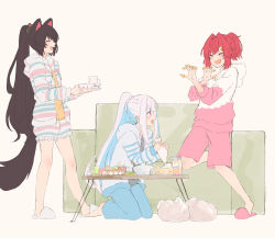 Rule 34 | 3girls, absurdres, alternate costume, alternate hairstyle, ange katrina, animal ears, bag, bare legs, barefoot, black hair, blue hair, blue pants, blush, bowl, bugles, bugles (food), bugles on fingers, cake, casual, closed eyes, commentary, cup, dog ears, food, food on hand, from side, full body, grey background, grey shirt, hair ornament, hairclip, highres, holding, holding plate, hood, hooded jacket, hoodie, icing, indoors, inui toko, jacket, kneeling, laughing, light blue hair, lize helesta, long hair, looking at another, multicolored hair, multiple girls, nijisanji, open mouth, orange shirt, pants, pink hoodie, pink shorts, plastic bag, plate, ponytail, profile, purple eyes, red hair, scrunchie, shirt, shorts, silver hair, simple background, slippers, smile, standing, standing on one leg, straight hair, streaked hair, striped clothes, striped jacket, talunilu uu3, teacup, thighs, two-tone hair, very long hair, virtual youtuber, white footwear, white jacket