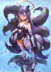 Rule 34 | 1girl, absurdres, breasts, collar, dress, full body, halo, highres, hololive, hololive english, leave lock, mechanical arms, ninomae ina&#039;nis, octopus, okobo, pointy ears, purple eyes, purple hair, sandals, small breasts, solo, standing, virtual youtuber, water