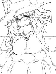 Rule 34 | 1girl, amulet, breasts, cape, dress, female focus, greyscale, hands on own knees, hat, jin (mugenjin), large breasts, long dress, long hair, long sleeves, monochrome, original, sitting, solo, staff, wizard hat