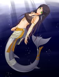 Rule 34 | 1girl, absurdres, bare shoulders, black hair, detached sleeves, dress, elbow gloves, gloves, green eyes, highres, jewelry, long hair, mermaid, midnight (banyex), midriff, mole, monster girl, necklace, solo, underwater