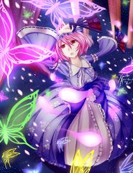Rule 34 | 1girl, absurdres, arm up, armband, blue kimono, bug, butterfly, cherry blossom print, cherry blossoms, dancing, floral print, folding fan, frilled kimono, frills, hand fan, hat, highres, hitodama, huge filesize, insect, japanese clothes, kimono, long sleeves, mob cap, neck ribbon, open mouth, outstretched arm, pink eyes, pink hair, resolution mismatch, ribbon, saigyouji yuyuko, saigyouji yuyuko&#039;s fan design, sash, short hair, solo, source smaller, touhou, triangular headpiece, veil, wide sleeves, xanadu avici