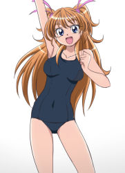 Rule 34 | 10s, 1girl, :d, bare shoulders, blue eyes, breasts, covered navel, hair ribbon, houjou hibiki, long hair, medium breasts, oimanji, one-piece swimsuit, open mouth, orange hair, precure, ribbon, school swimsuit, smile, solo, suite precure, swimsuit, two side up, waving