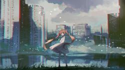 Rule 34 | 1girl, absurdres, axleaki, bird, building, closed mouth, cloud, dot mouth, dress, flock, grass, highres, long hair, looking at viewer, looking back, original, reflection, ruins, scenery, sky, skyscraper, solo, standing, twintails, very long hair, water, wide shot