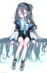 Rule 34 | 1girl, absurdly long hair, aorin oekaki, aqua necktie, aris (blue archive), black hair, black hairband, black skirt, blue archive, blush, closed eyes, closed mouth, commentary, gradient background, gradient hair, green hair, hair between eyes, hairband, highres, jacket, long hair, long sleeves, multicolored hair, necktie, open clothes, open jacket, shirt, sitting, skirt, solo, twitter username, very long hair, white background, white shirt