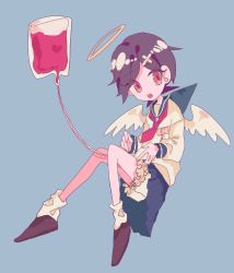 Rule 34 | 1girl, angel wings, bandaid, bare legs, black footwear, black hair, blood, blood bag, blue background, blue sailor collar, blue skirt, commentary, expressionless, flat chest, floating, full body, fuura kafuka, hair ornament, halo, hands up, heart, highres, intravenous drip, knees together feet apart, long sleeves, looking to the side, loose socks, neckerchief, no nose, o-u, open mouth, pink eyes, pleated skirt, red neckerchief, sailor collar, sayonara zetsubou sensei, shaded face, shirt, short hair, simple background, skirt, socks, solo, spoilers, very short hair, white shirt, white socks, wings, x hair ornament
