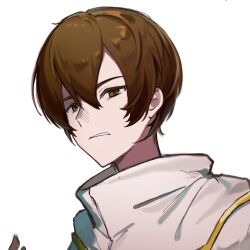 Rule 34 | 1boy, brown eyes, brown hair, capelet, chinese commentary, commentary request, gold trim, hair between eyes, highres, jabuchi you, lianjiu qingjie, male focus, portrait, saibou shinkyoku, shirt, short hair, simple background, solo, white background, white capelet, white shirt
