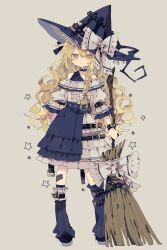 Rule 34 | 1girl, absurdres, alternate costume, bare shoulders, black footwear, blonde hair, boots, bow, broom, commentary request, dress, hair between eyes, hat, hat bow, highres, holding, holding broom, kirisame marisa, long hair, nikorashi-ka, simple background, solo, star (symbol), touhou, very long hair, white bow, white dress, witch hat
