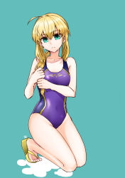 Rule 34 | 1girl, absurdres, ahoge, artoria pendragon (all), artoria pendragon (fate), blonde hair, blue background, blue one-piece swimsuit, chia aich, collarbone, competition swimsuit, covered navel, fate/stay night, fate (series), green eyes, hair between eyes, highres, kneeling, long hair, looking at viewer, official alternate costume, one-piece swimsuit, ponytail, saber (fate), saber (summer battle clothes) (fate), sidelocks, simple background, solo, swimsuit