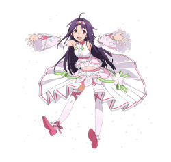 Rule 34 | 1girl, :d, ahoge, bikini, blush, detached sleeves, hairband, happy, long hair, navel, official art, open mouth, outstretched arms, petals, pink footwear, purple hair, red eyes, shoes, skirt, smile, solo, swimsuit, sword art online, thighhighs, white thighhighs, yuuki (sao)